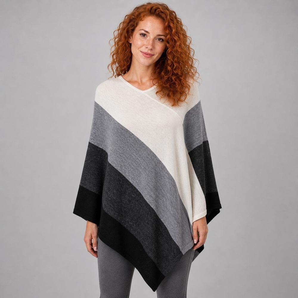 ELLEN TRACY Petite Small Gray Striped Colorblock Lightweight Wool-Blend Poncho
